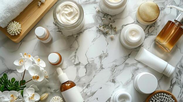 Flat lay of skincare products on marble surface with orchids and a bamboo tray