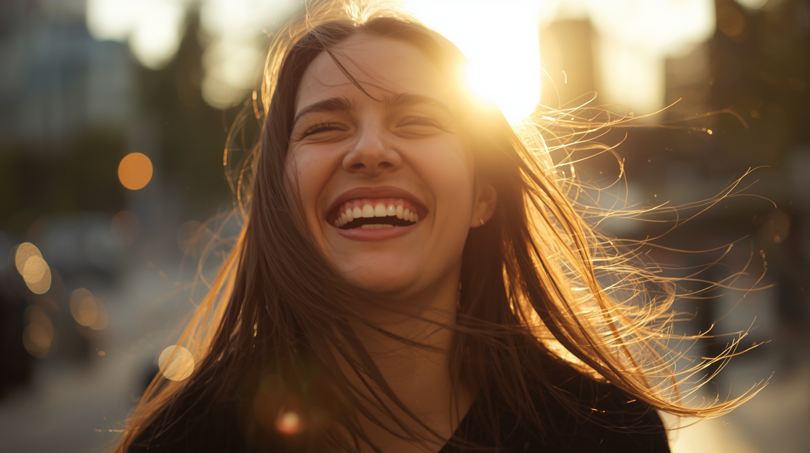 Close-up portrait of a woman laughing in golden backlight on a city street