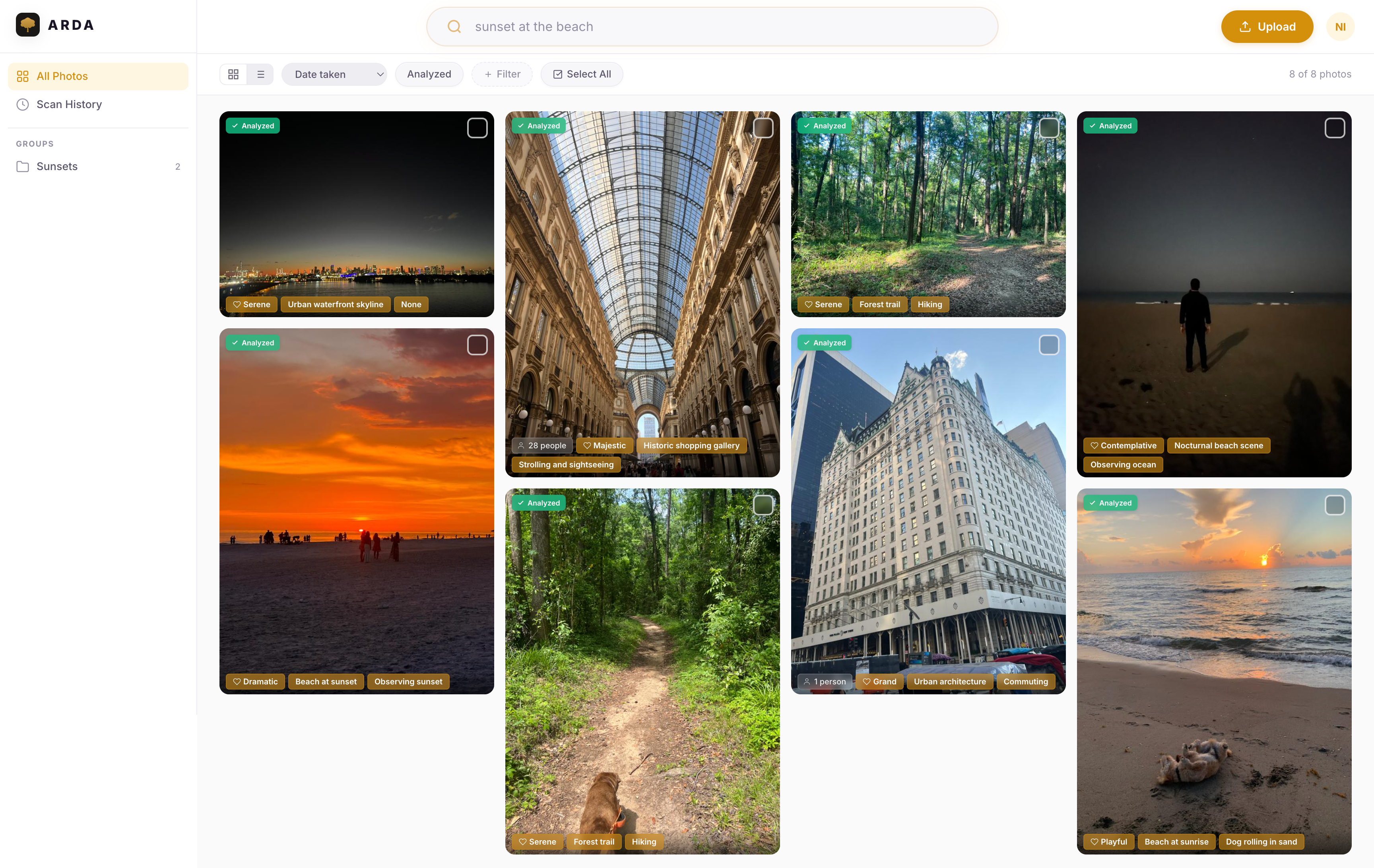 Arda dashboard showing analyzed photos in a masonry gallery with AI signal pills