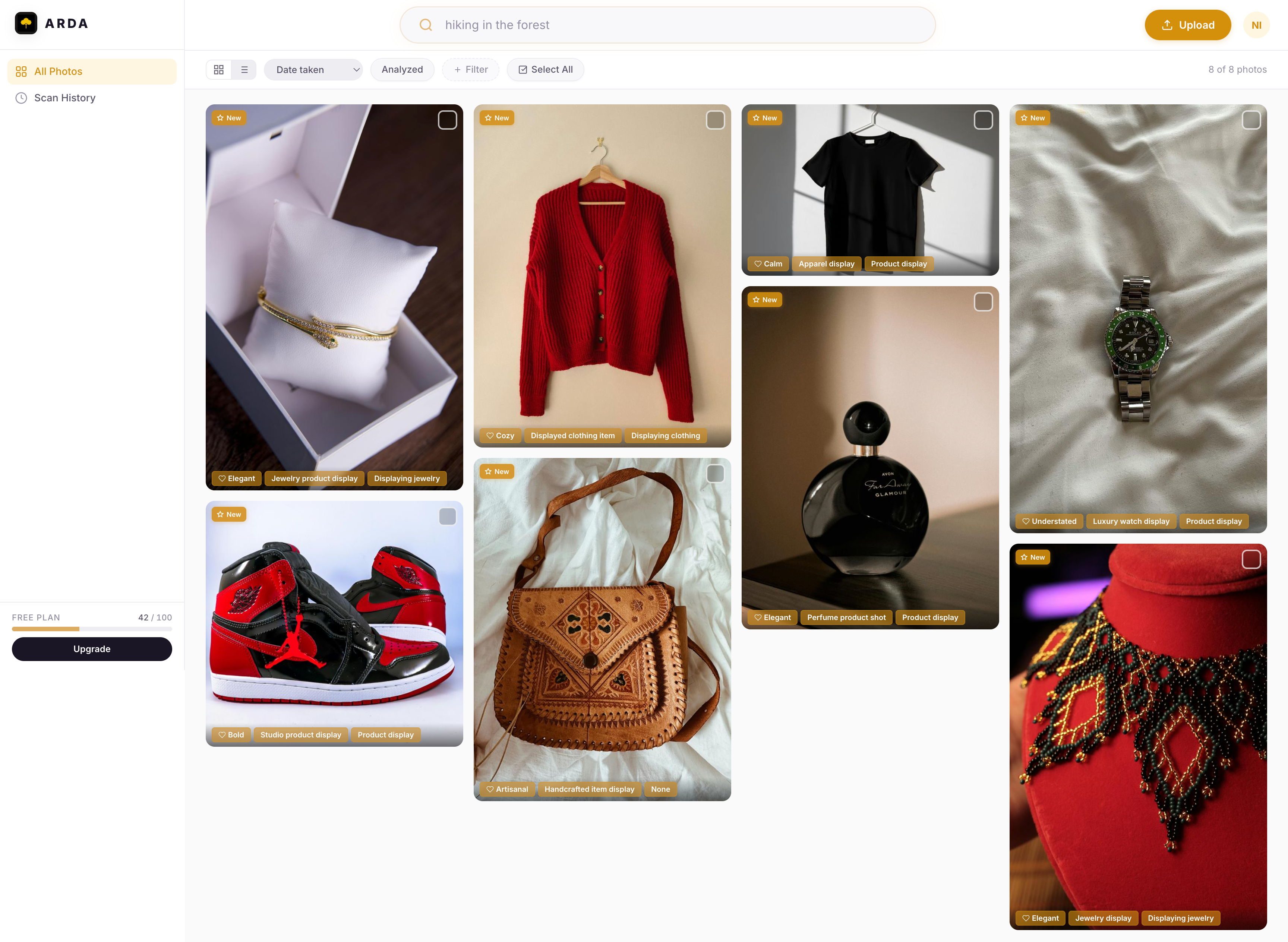 Arda app screenshot showing a product photo grid
