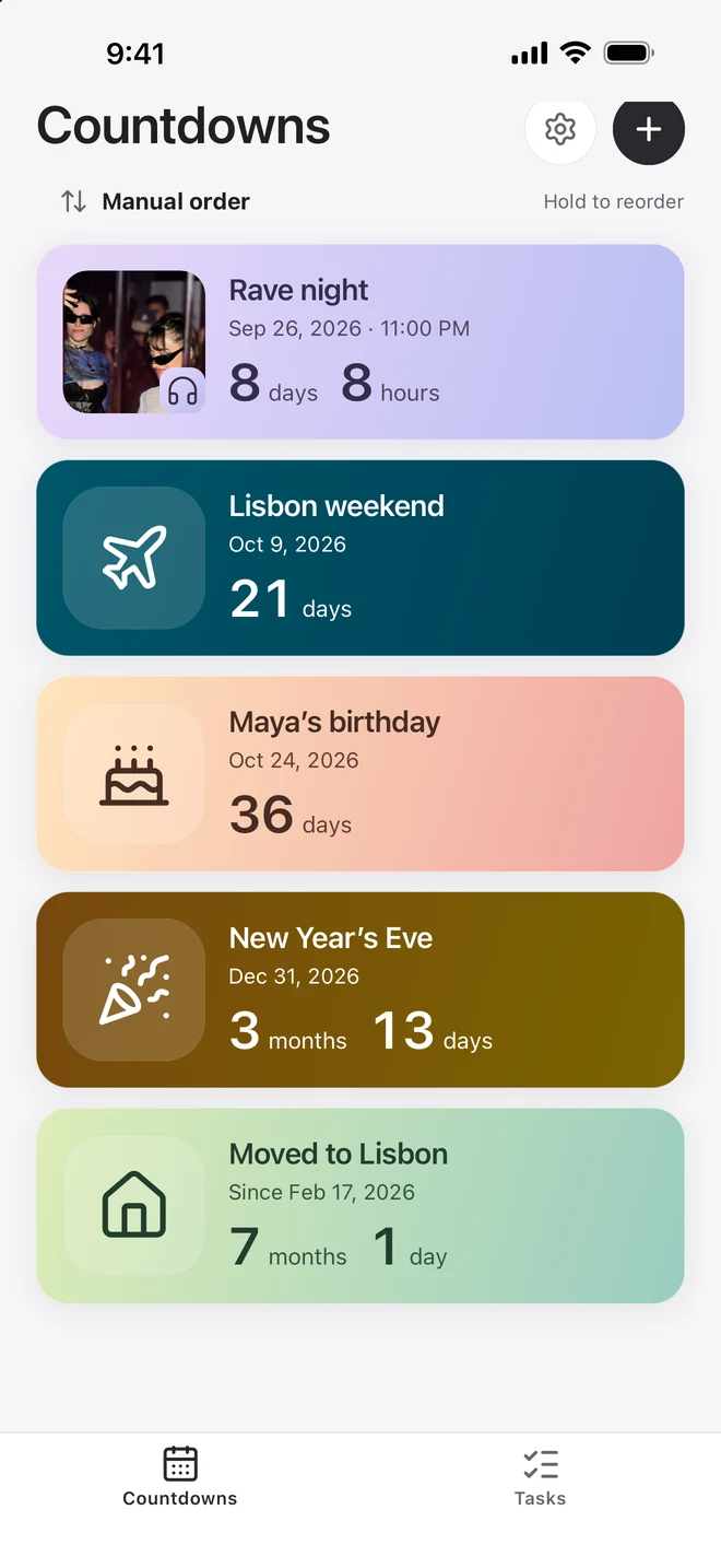 Tally 2.0 countdown library with Rave night, Lisbon weekend, Maya’s birthday, New Year’s Eve and Moved to Lisbon.