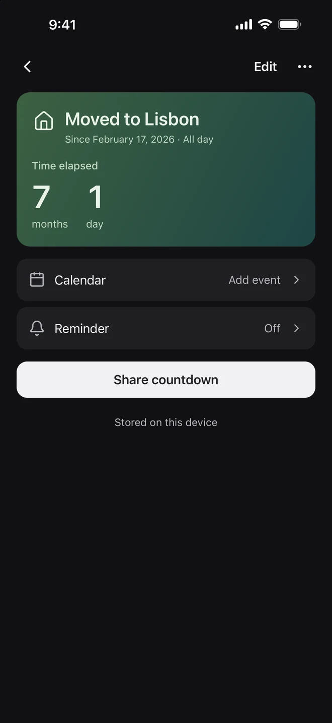 A green Moved to Lisbon countdown showing the time elapsed since moving day.