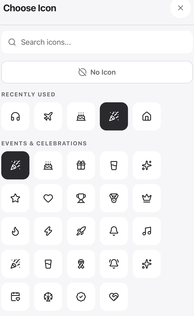 Tally’s searchable icon library, with icons for celebrations, travel and everyday life.