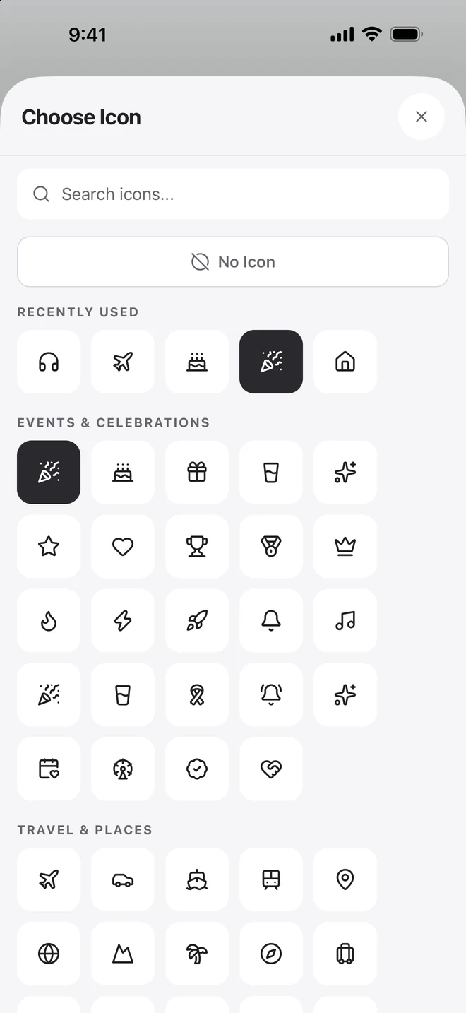 The Tally icon library, including headphones, travel, birthday and celebration icons.
