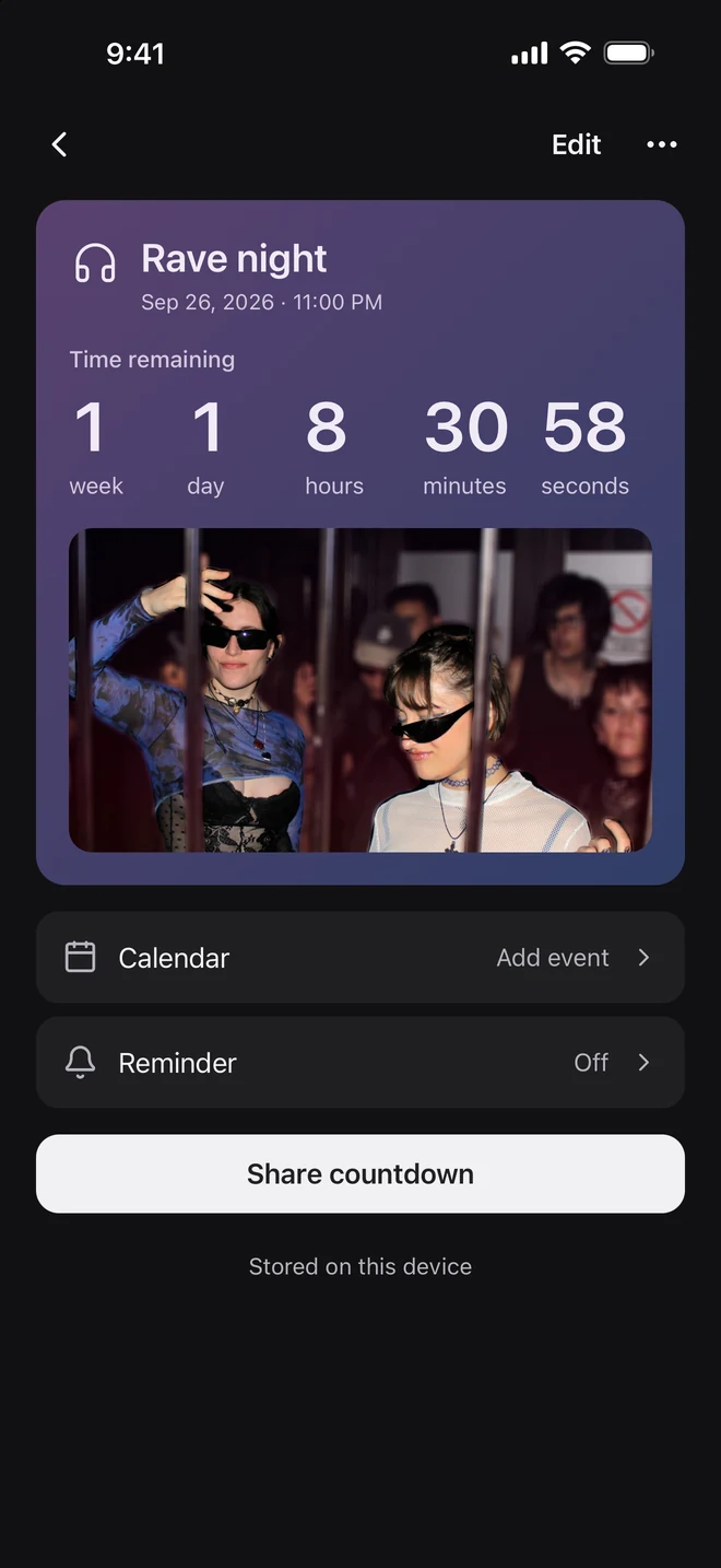 Rave night countdown in Night mode with the selected party photo and a detailed time breakdown.