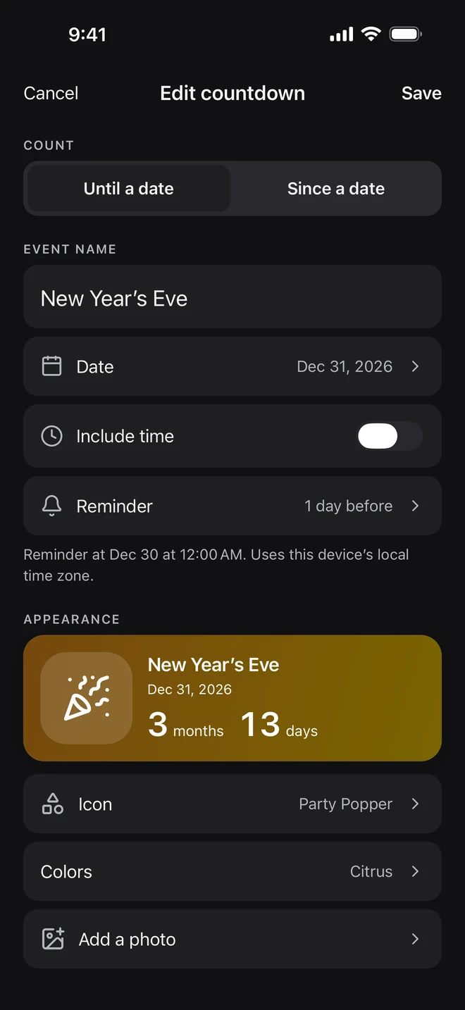 New Year’s Eve countdown settings with a reminder one day before and the Citrus color theme.