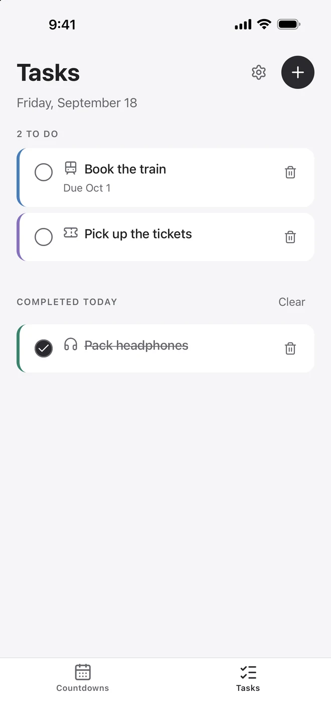 Tally daily tasks with Book the train, Pick up the tickets and a completed Pack headphones task.